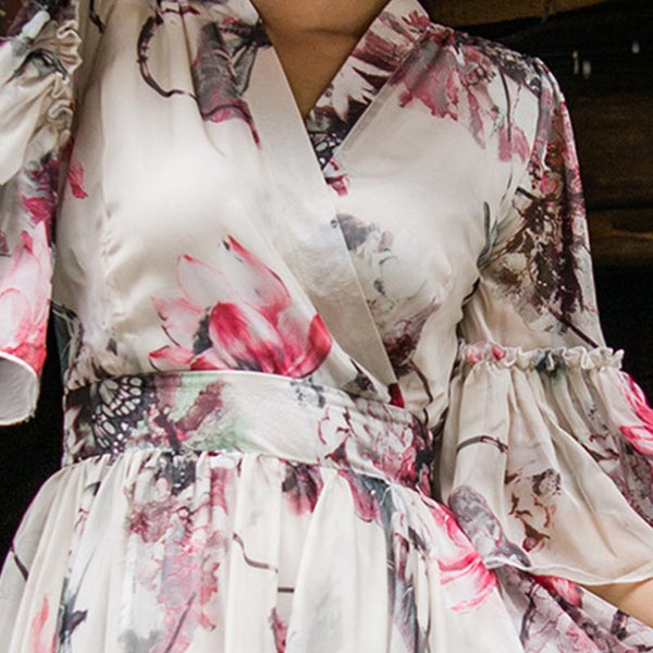 Ruffle half sleeve floral maxi dresses