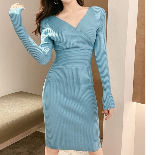 V-neck solid high waisted bodycon dresses