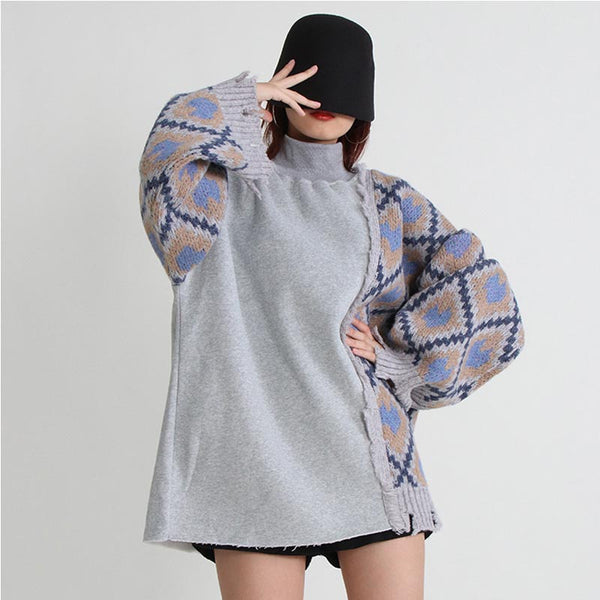 Chic patch geometric long sleeve mock neck sweaters
