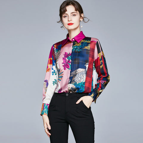 Turn down collar printed floral vintage blouses