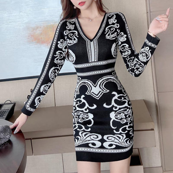 Vintage jacquard high waist knitted bodycon dresses