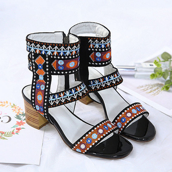 Ethnic side zipper block heel sandals
