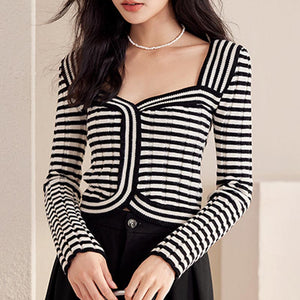 Strip square neck long sleeve knitting tops