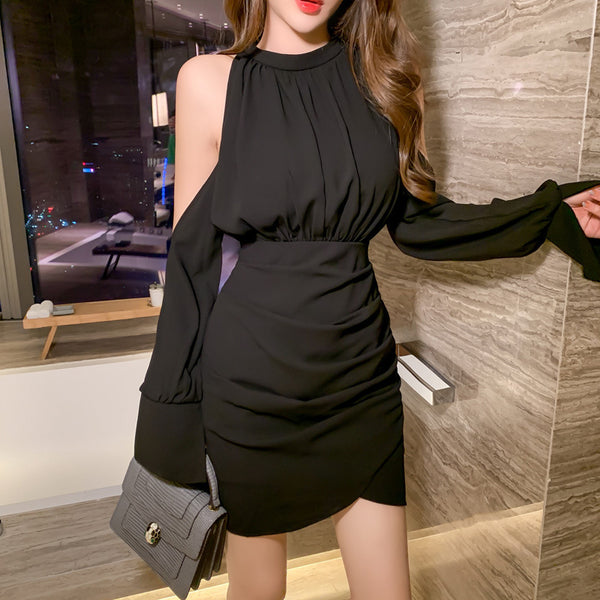 Black halter cold shoulder mini dresses