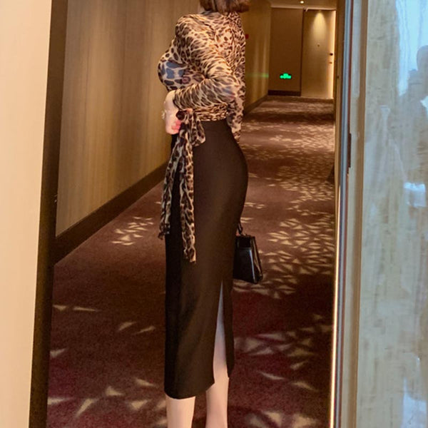 Transparent leopard mesh sexy skirt suits