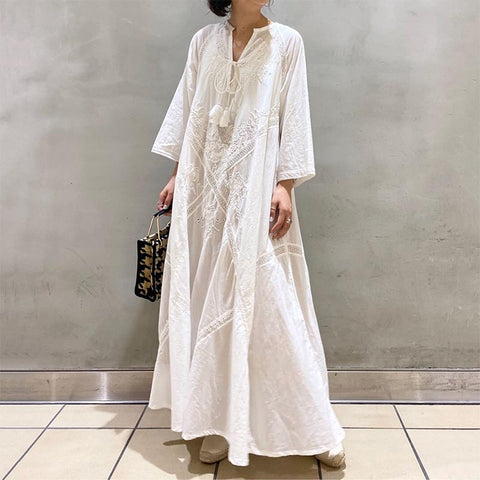 Vintage embroidery lacing long sleeve loose maxi dresses