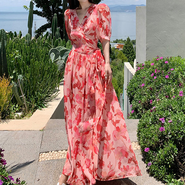 Printed v-neck short sleeve belted maxi dresses