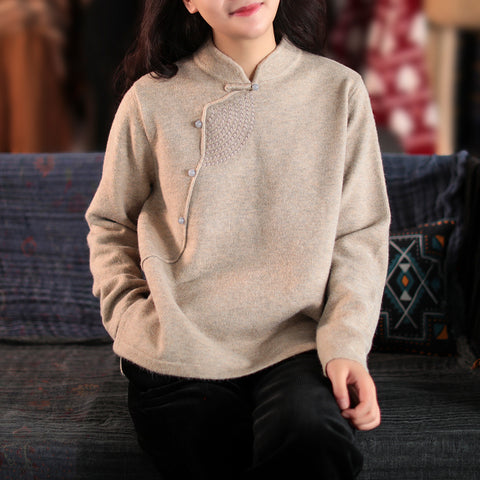 Vintage slanted placket embroidery long sleebe sweaters