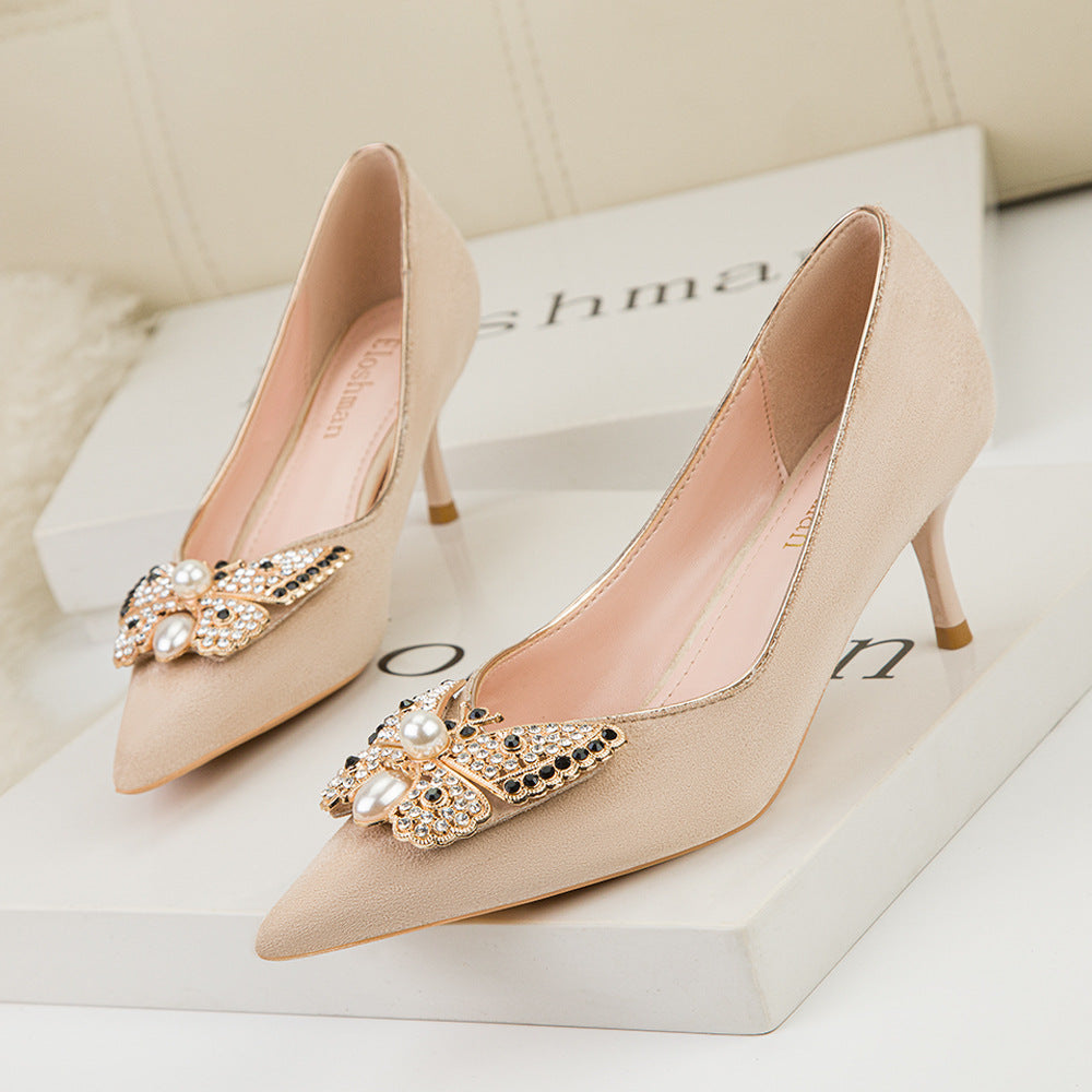Pearl diamond butterfly embellished pointed toe heels