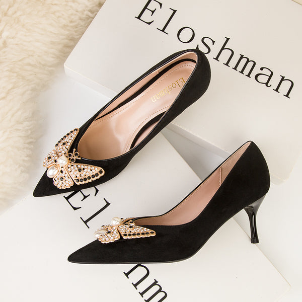 Pearl diamond butterfly embellished pointed toe heels