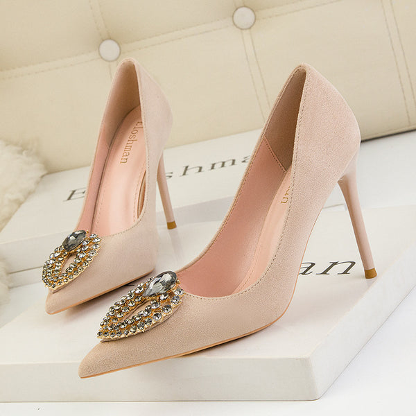 Rhinestones pointed toe low-fronted heeled pump shoes