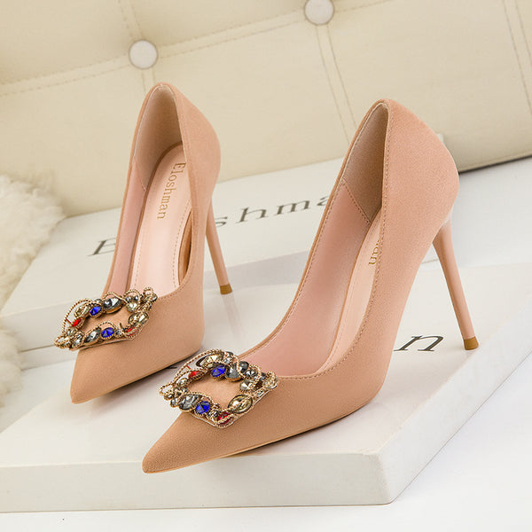 Rhinestone pointed toe suede low-fronted high heels pump shoes