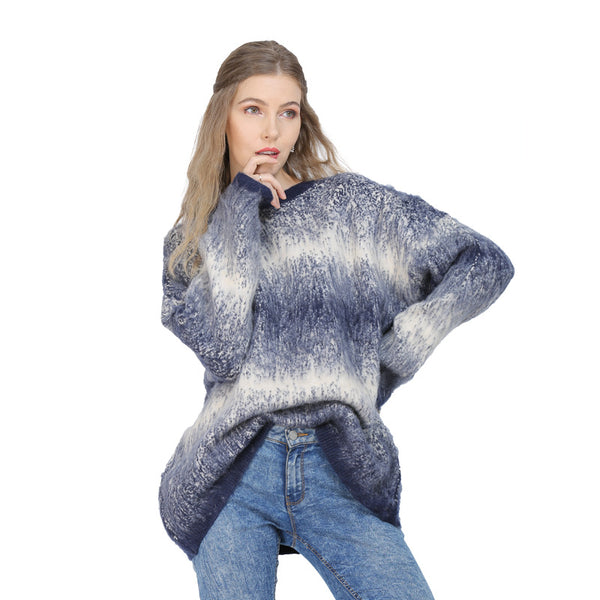 Crew neck gradient striped long sleeve fluffy sweaters