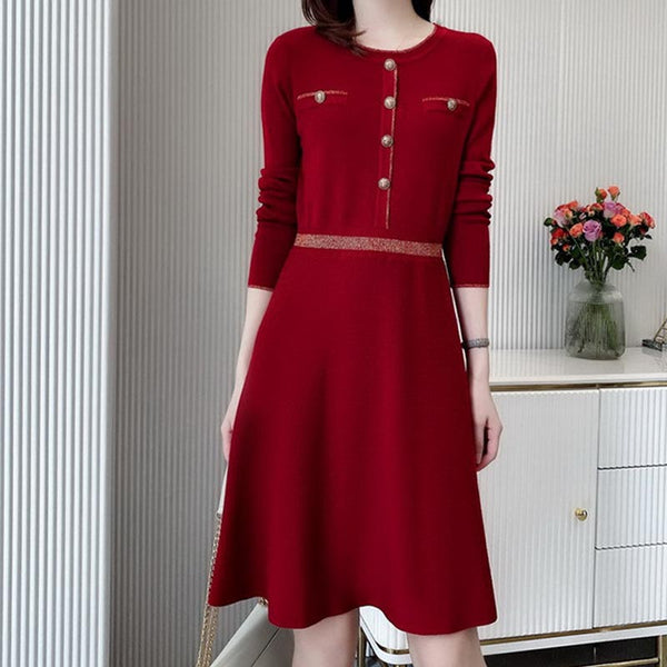 Elegant solid o-neck long sleeve skater dresses