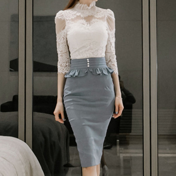 Transparent lace top split pencil skirt suits