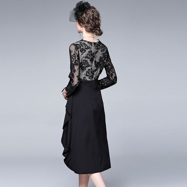 Retro lace patchwork ruffle a-line dresses