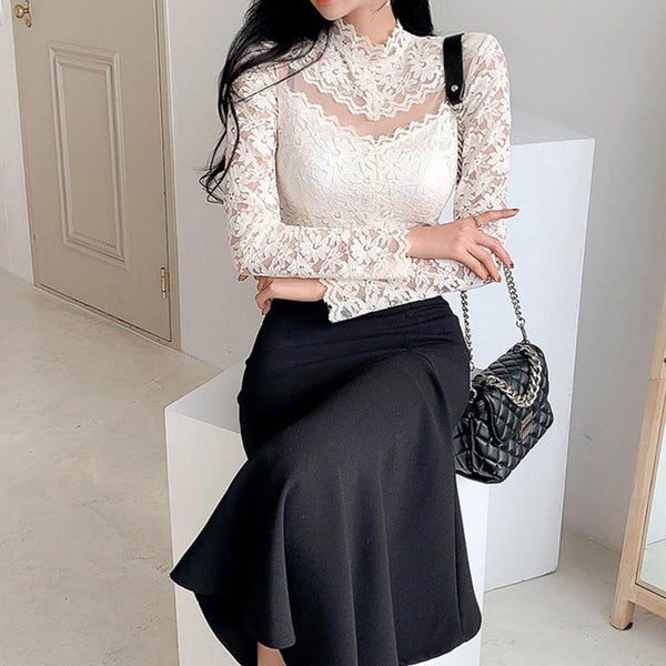 Lace sexy transparent midi skirt suits