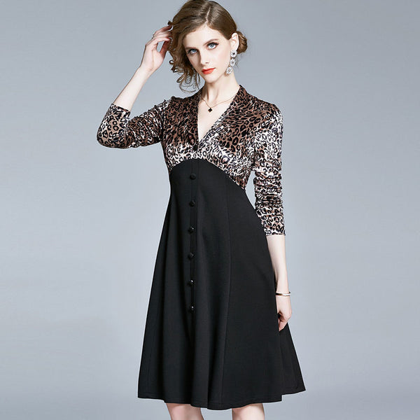 V-neck leopard patchwork a-line dresses