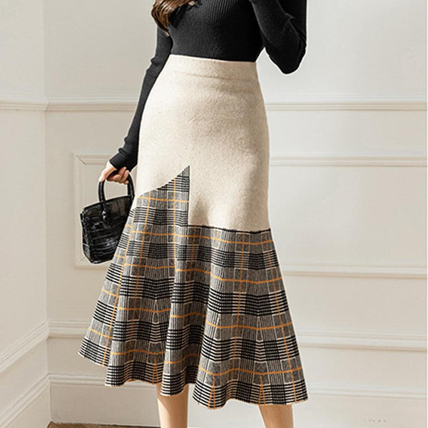 Elegant patck plaid high waist skirts