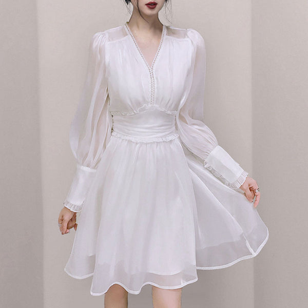 V-neck lantern sleeve white a-line dresses