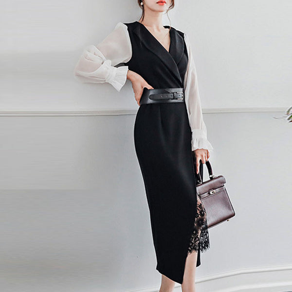 Lapel lantern sleeve dresses with belted