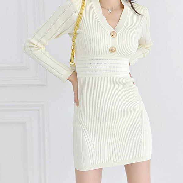 Brief solid v-neck long sleeve knitting dresses