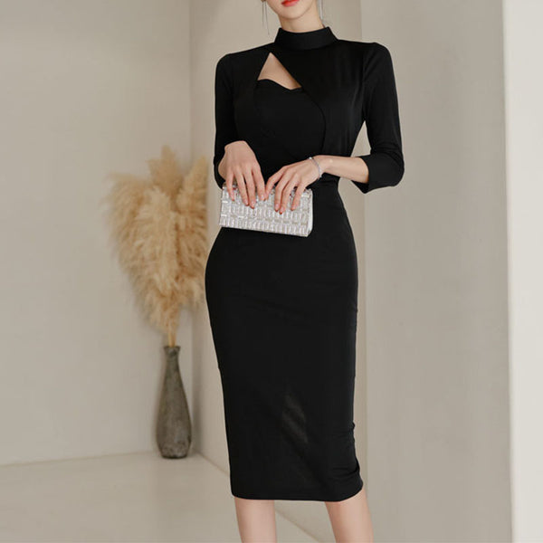 Black 3/4 sleeve openwork knee length bodycon dresses