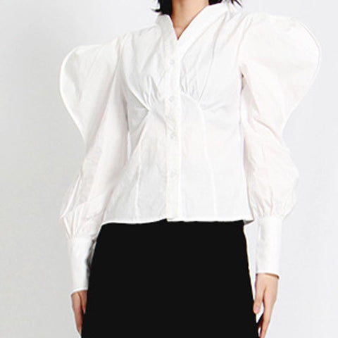 Elegant v-neck wave sleeve shirred blouses