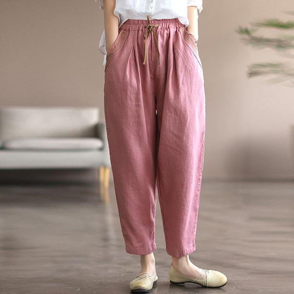 Casual embroidery elastic waist harem pants