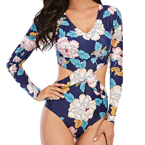 Sexy print v-neck long sleeve midriff one piece swimsuits