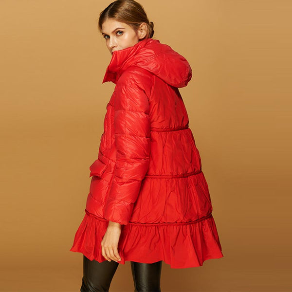 Patchwork ruffle a-line down coats