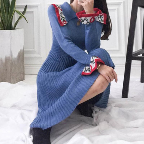 Cinched waist jacquard pleated sweater skater dresses