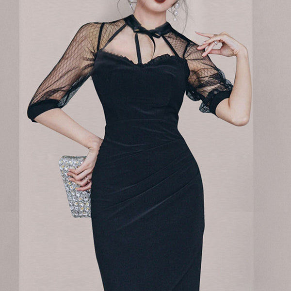 Black transparent cut out front irregular sheath dresses