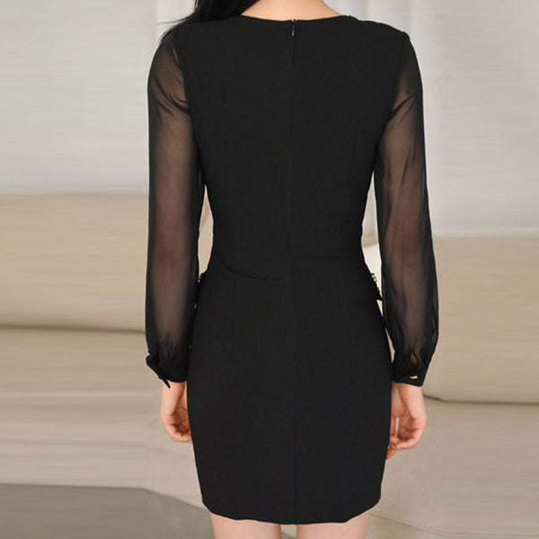 V-neck mesh patchwork black sheath dresses