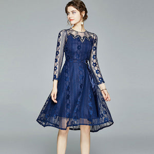 Blue patchwork lace big hem skater dresses