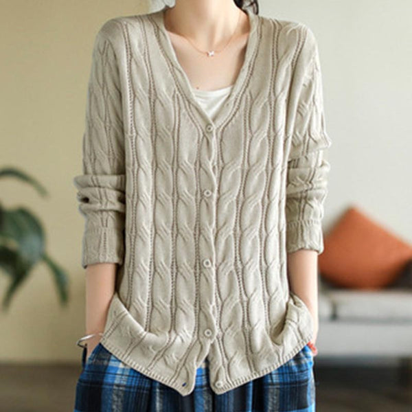 Solid crochet v-neck long sleeve loose sweaters