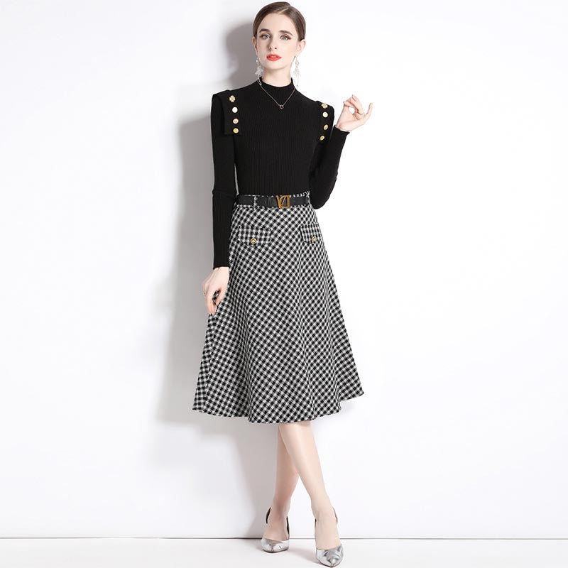 Elegant solid mock neck long sleeve knitting tops and plaid a-line skirts suits