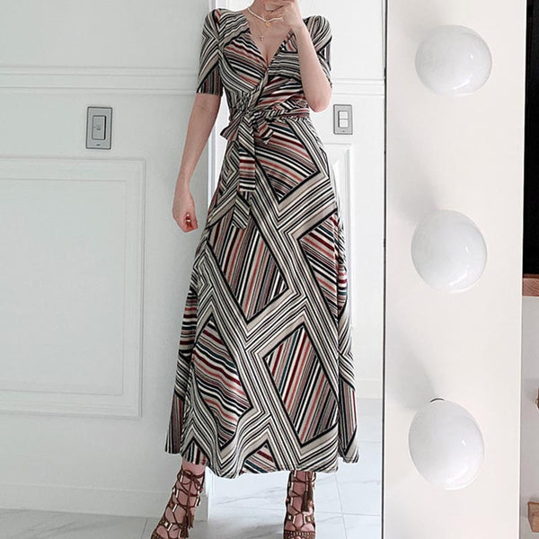 Irregular print v-neck split dresses