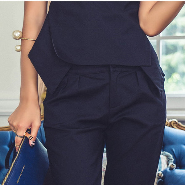 Navy blue sleeveless cropped pant suits