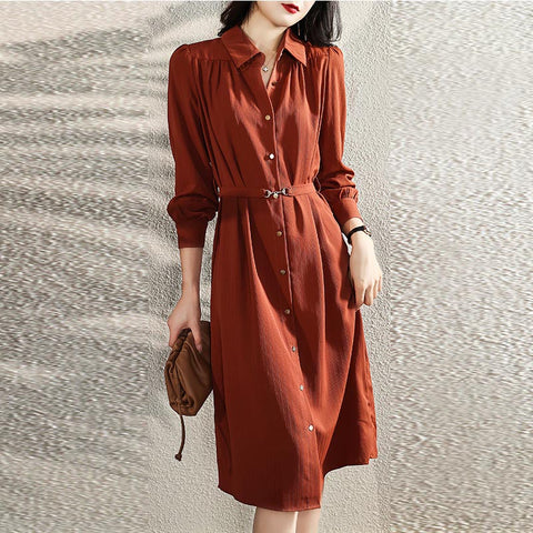 Casual lapel long sleeve belted shirt dresses