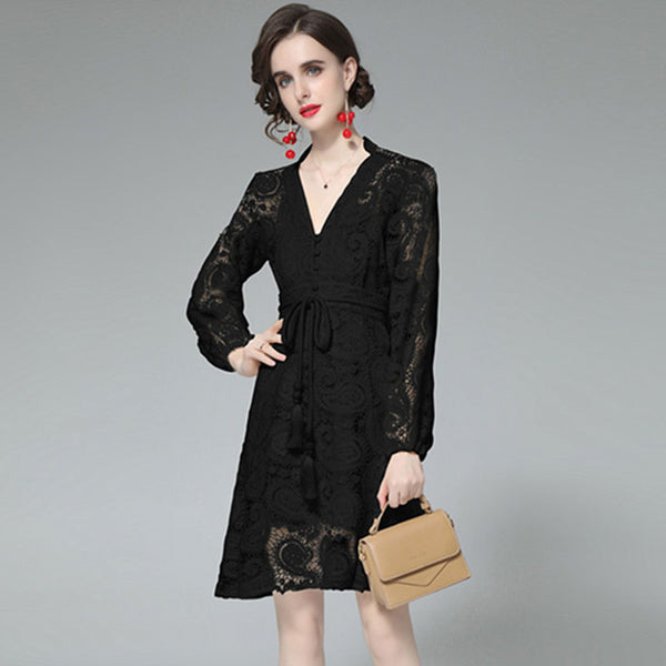 Long sleeve solid lace a-line dresses