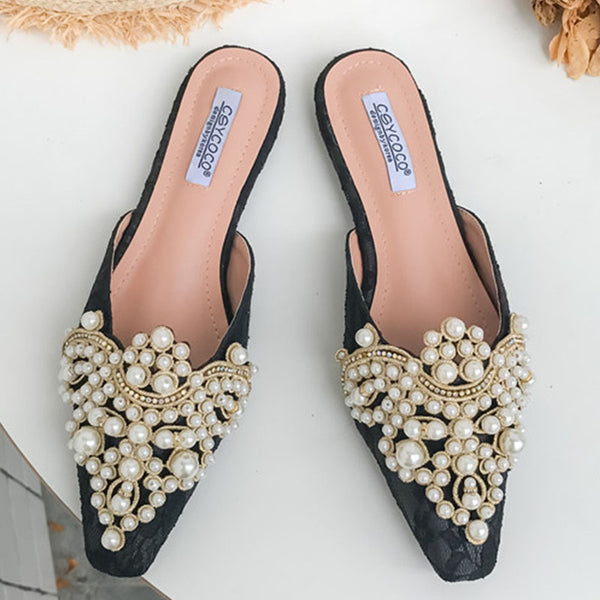 Rhinestone pearl lace slippers