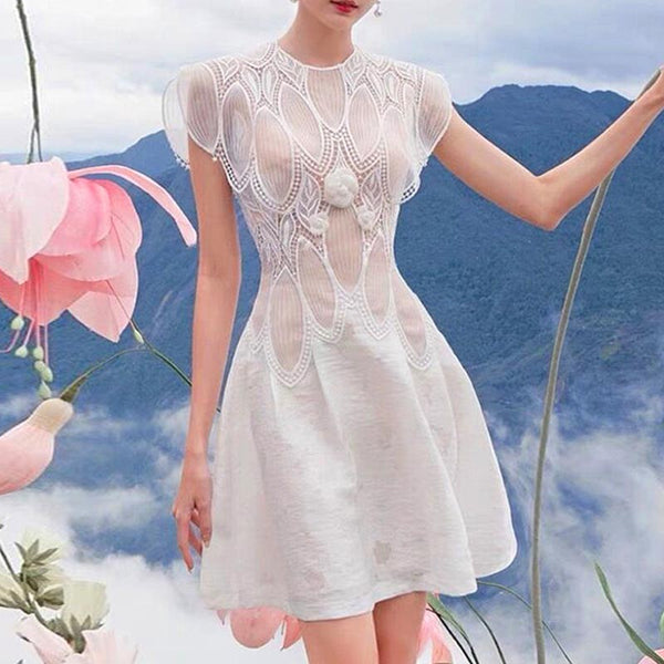Stylish flower embroidery see through skater dresses