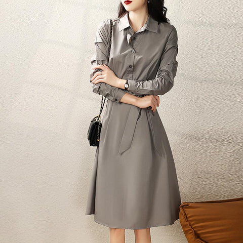 Casual lapel long sleeve belted shirt dresses