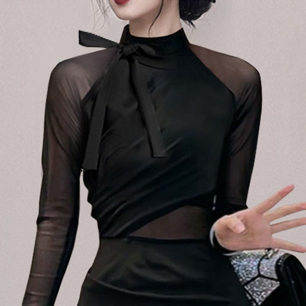Long sleeve mock neck slim black dresses