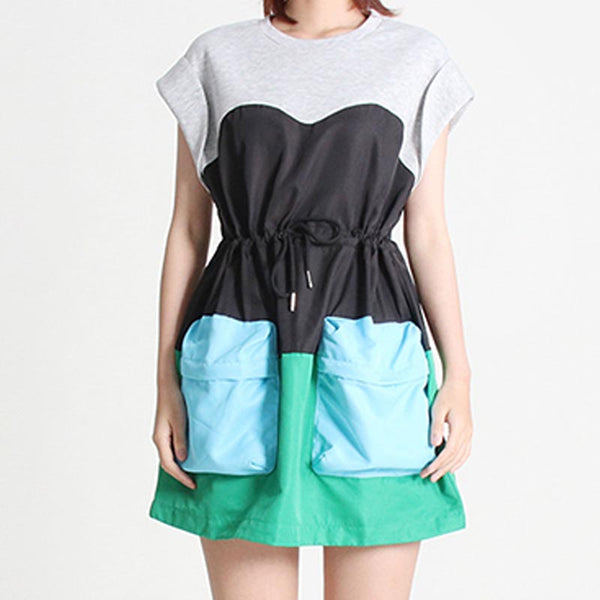 Casual color block pockets drawstring short sleeve dresses