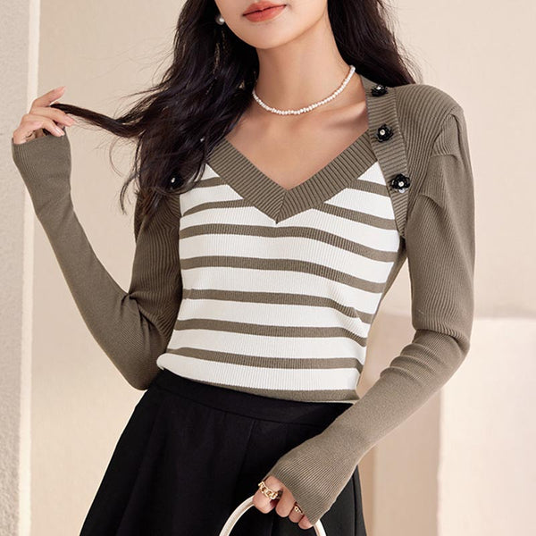 Brief stripe v-neck long sleeve slim sweaters