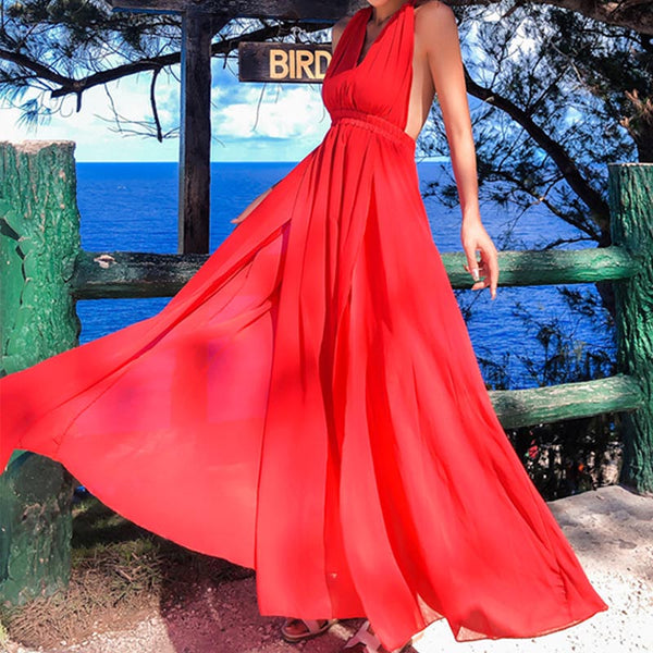 Solid halter neck split maxi dresses