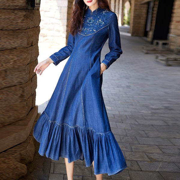 Retro embroidery stand collar long sleeve mermaid dresses