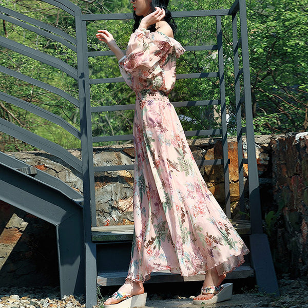 Off-the-shoulder elastic waist floral maxi dresses